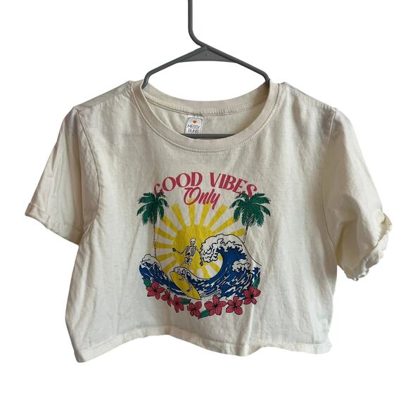Messy Buns Lazy Days Women's Cropped Graphic T-Shirt Size M "Good Vibes Only" - Picture 1 of 7